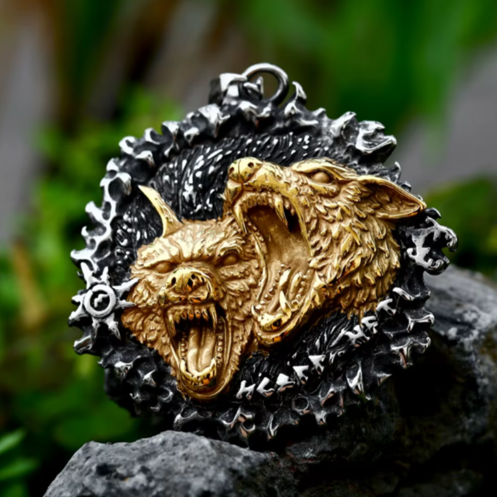 Pendentif Loup Acier avec Runes, inspiré des traditions anciennes. Double loup féroce entouré de motifs gravés, un symbole de force et de protection.
