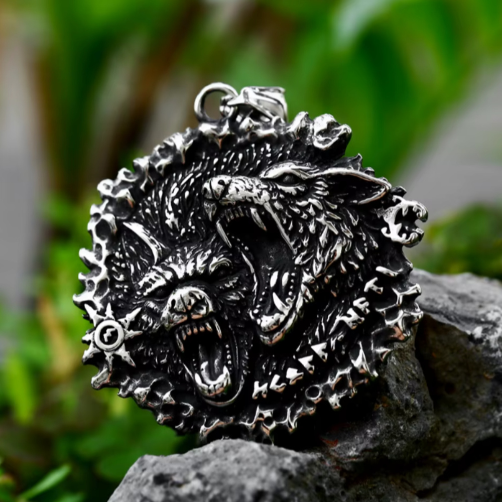 Collier Loup Viking en acier inoxydable, représentant deux loups hurlant sous la lune. Bijou inspiré de la mythologie nordique et de la puissance animale.