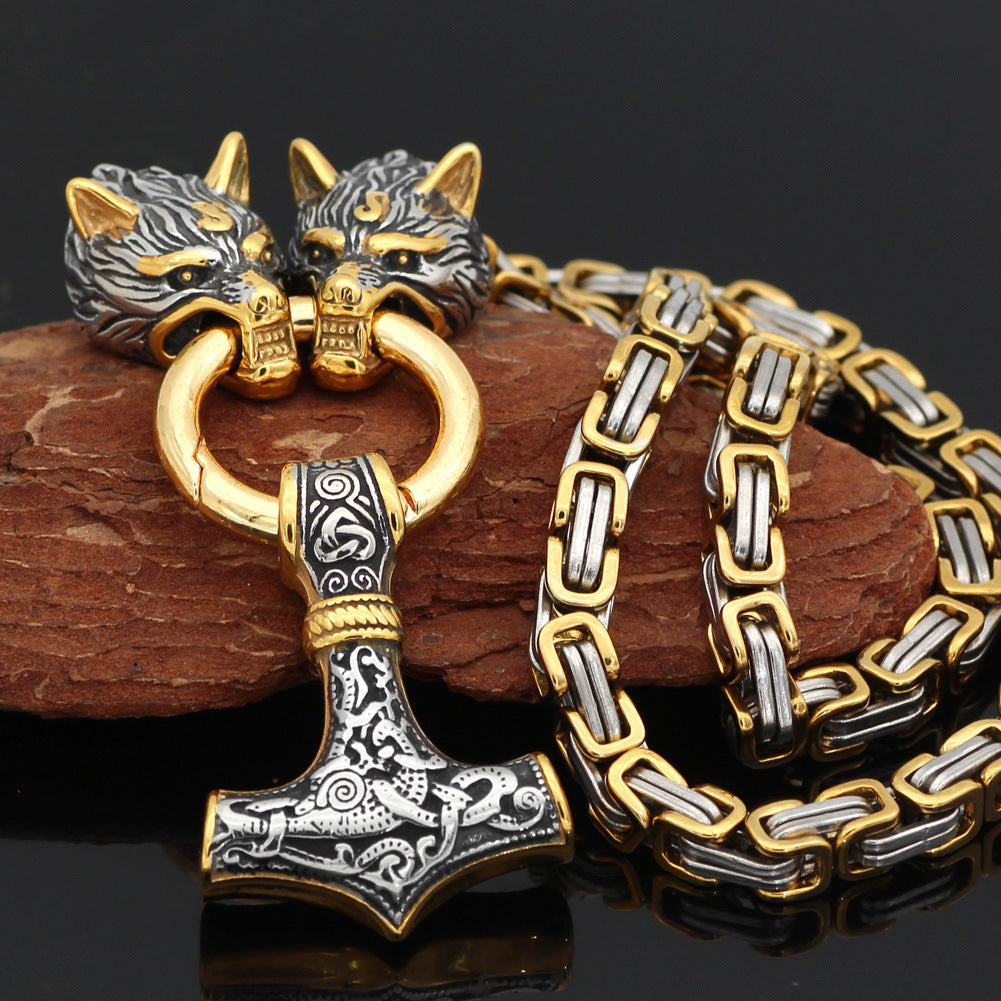 Bijou nordique homme : collier têtes de loup avec pendentif marteau Thor
