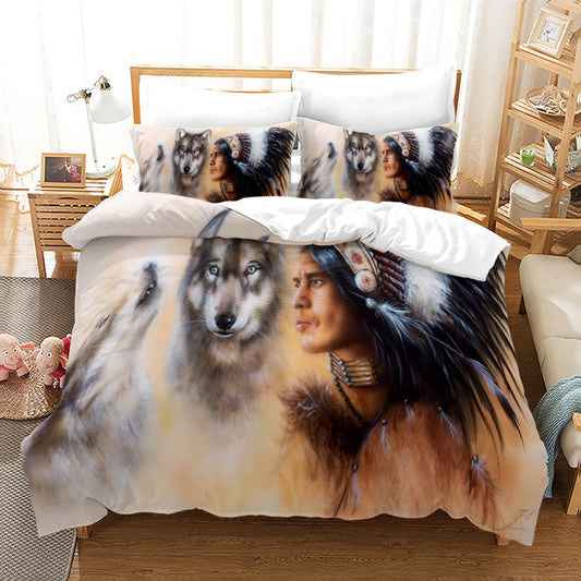 Le loup indien, un symbole puissant, s'affiche sur la housse de couette, apportant l'esprit de la culture amérindienne dans votre chambre.
