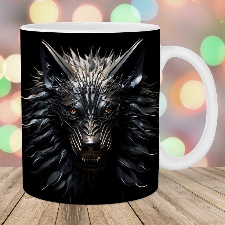 Image d'une tasse de loup démoniaque en céramique, représentant un loup noir avec un masque en fer noir orné de piques acérées. Cette tasse au design mystérieux et sauvage est idéale pour les amateurs de loups et d'esthétique gothique.

