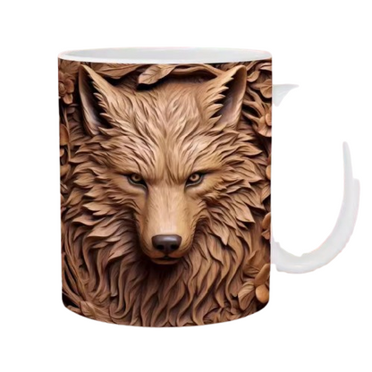 "Tasse en céramique 3D avec un design réaliste de loup marron, offrant une touche artistique et sauvage à chaque gorgée."

