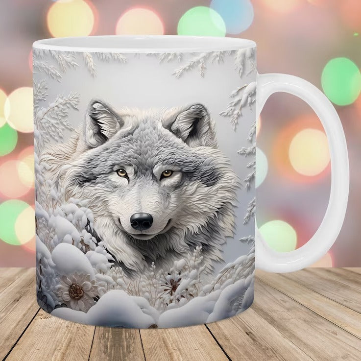 Tasse au design 3D détaillée avec un loup arctique majestueux dans une ambiance polaire, parfaite pour les amateurs de faune sauvage et de paysages hivernaux.






