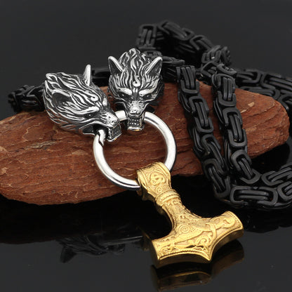 Collier Têtes de Loup Viking avec Marteau de Thor en plaqué or 14 carats

