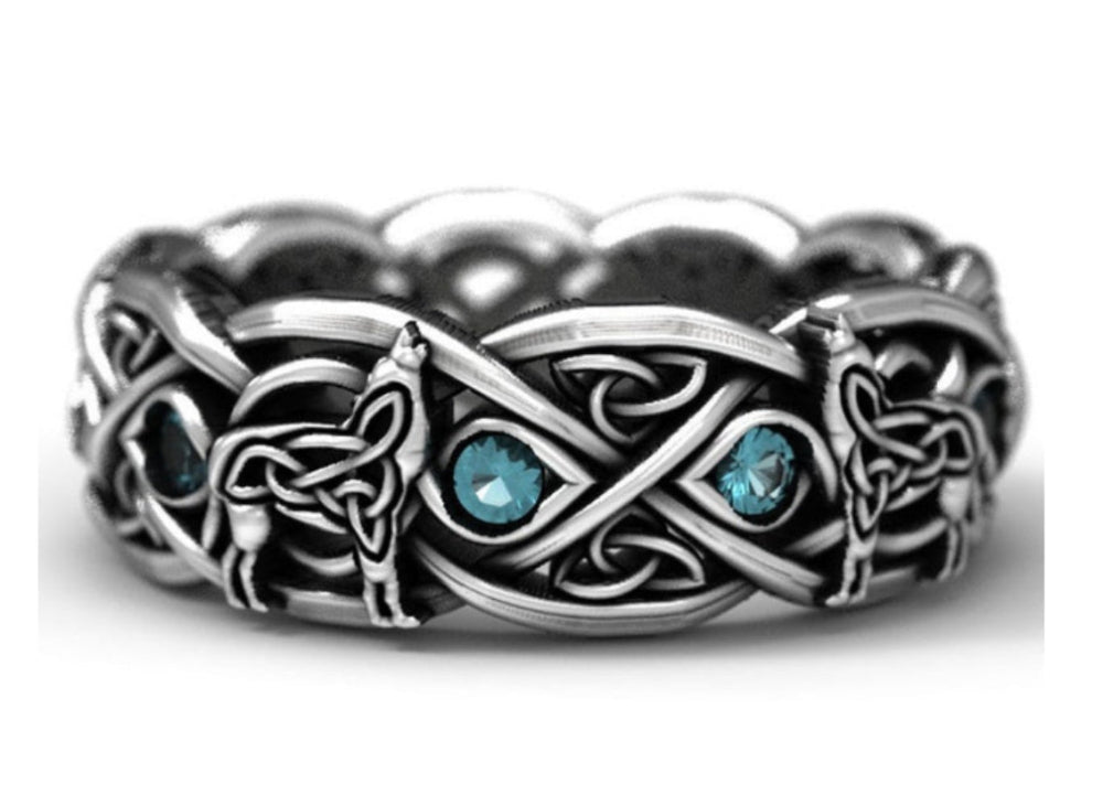 Anneau Loups Hurlants en métal renforcé, inspiré du design viking, avec deux loups hurlants et des pierres bleues scintillantes