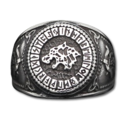 Bague Loup Motif Viking en acier titane – Gravures détaillées et inspiration nordique.