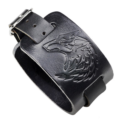 Bracelet Loup Rock en cuir noir