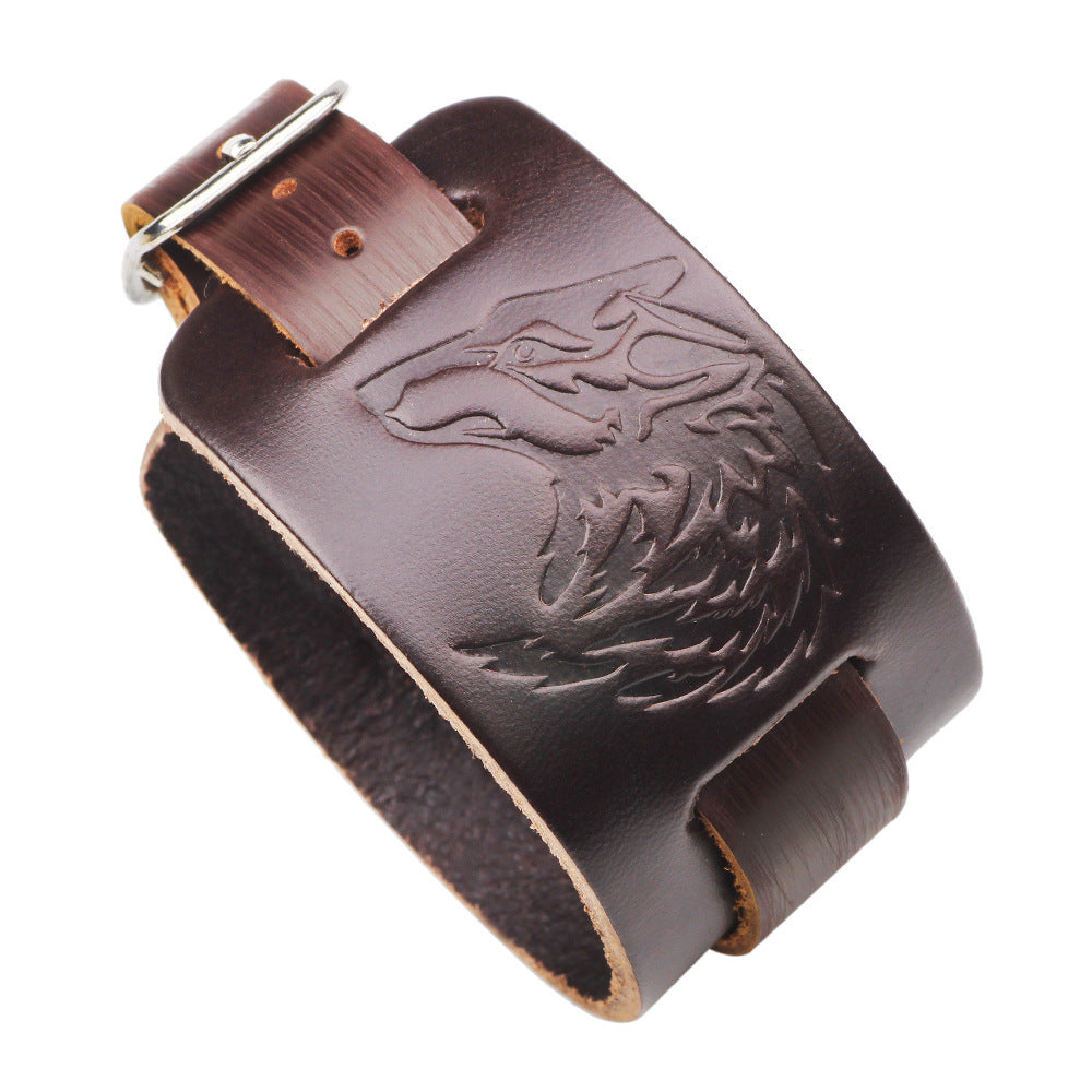 Bracelet Loup Rock en cuir marron 