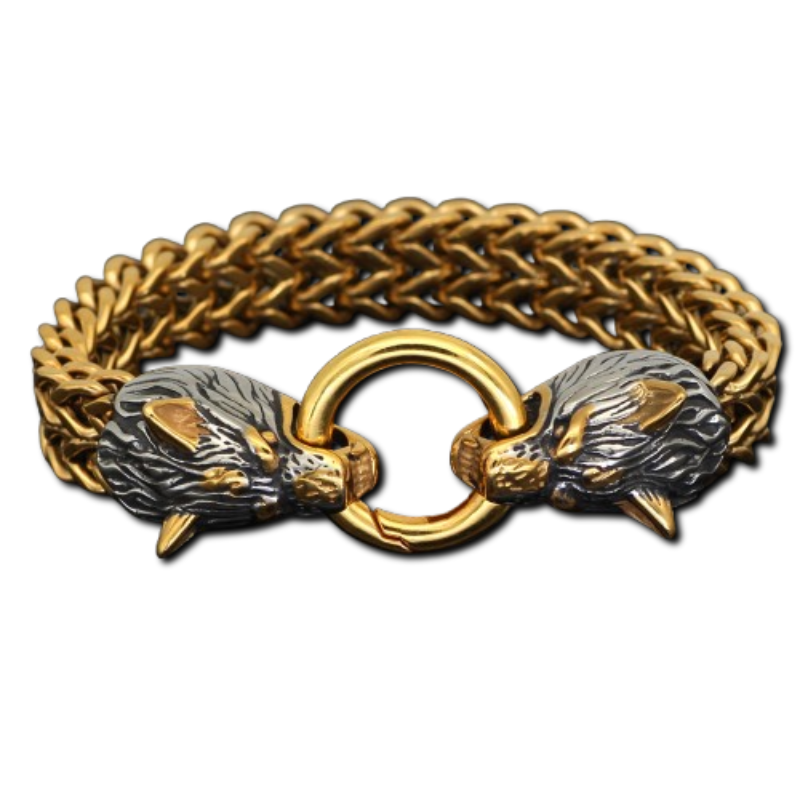 Bracelet Loup Viking en acier inoxydable avec finition or et argent, symbolisant la force et l'esprit nordique.