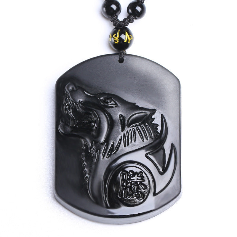 Collier Loup en Obsidienne Noire