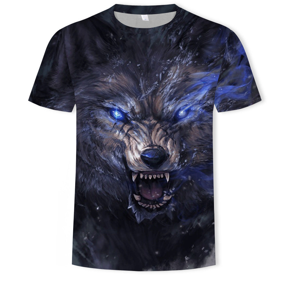 T-shirt Loup Féroce avec impression 3D d'un loup sur fond galactique, représentant la puissance et l'instinct du prédateur dans un style cosmique.