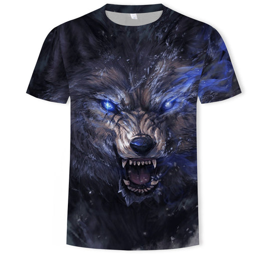 T-shirt Loup Féroce avec impression 3D d'un loup sur fond galactique, représentant la puissance et l'instinct du prédateur dans un style cosmique.