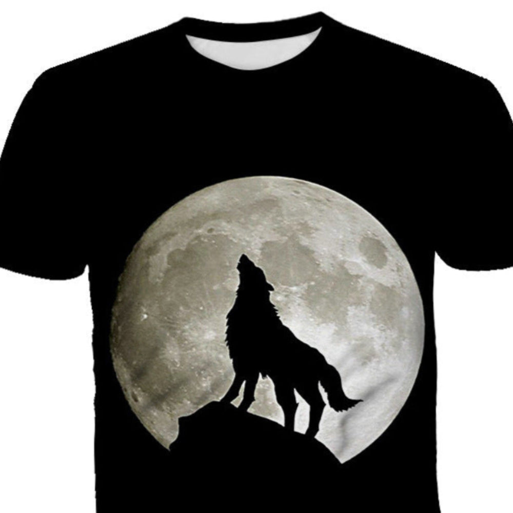 T-shirt Loup Pleine Lune montrant l’imprimé central en 3D du loup et de la lune. Idéal pour visualiser le rendu du motif sur textile noir.