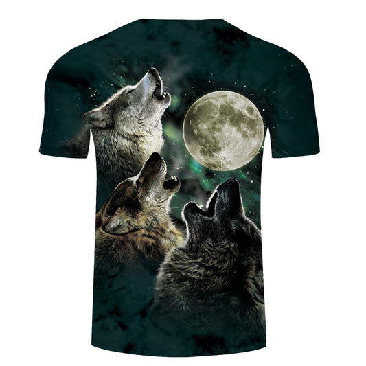 T-shirt noir avec trois loups hurlant sous une pleine lune argentée, fond vert forêt, impression 3D haute définition, coupe droite en polyester léger.