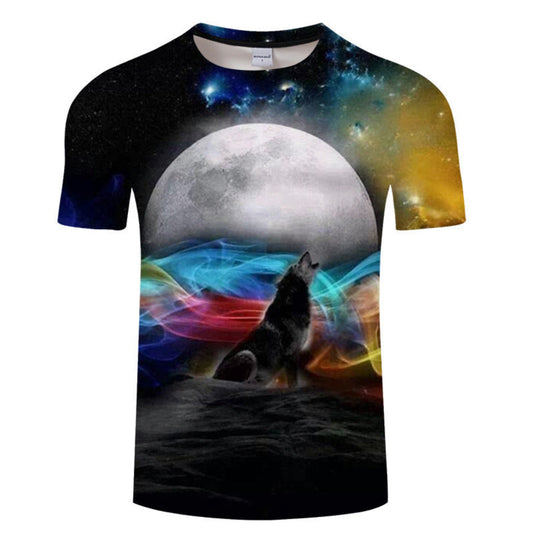 T‑shirt noir avec impression 3D d’un loup hurlant sous une pleine lune argentée et des aurores polaires multicolores. Coupe loose, tissu polyester respirant.