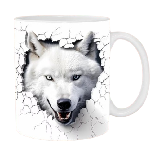 Tasse Loup Blanc vue de face avec une tête de loup en relief