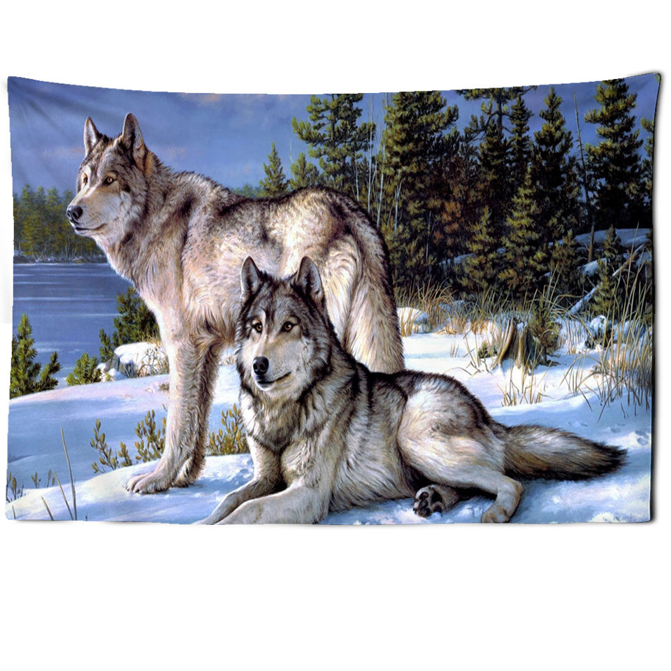 Toile murale représentant deux loups tranquilles en pleine nature hivernale, idéale pour une décoration inspirée de la nature dans un salon, chambre ou bureau.