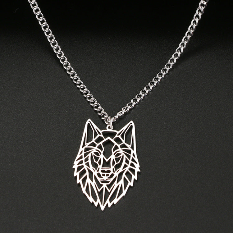 Pendentif Collier Loup Origami couleur argent, design géométrique unique en acier inoxydable avec chaîne de 60 cm.

