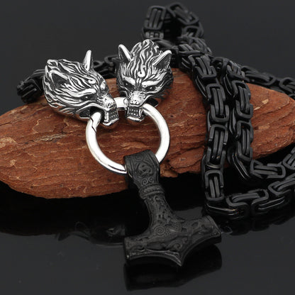 Collier Têtes de Loup Viking avec Marteau de Thor noir en acier inoxydable

