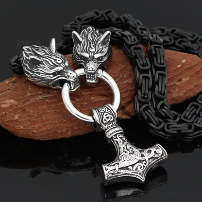 Collier Viking Têtes de Loup avec Marteau de Thor en acier poli argenté

