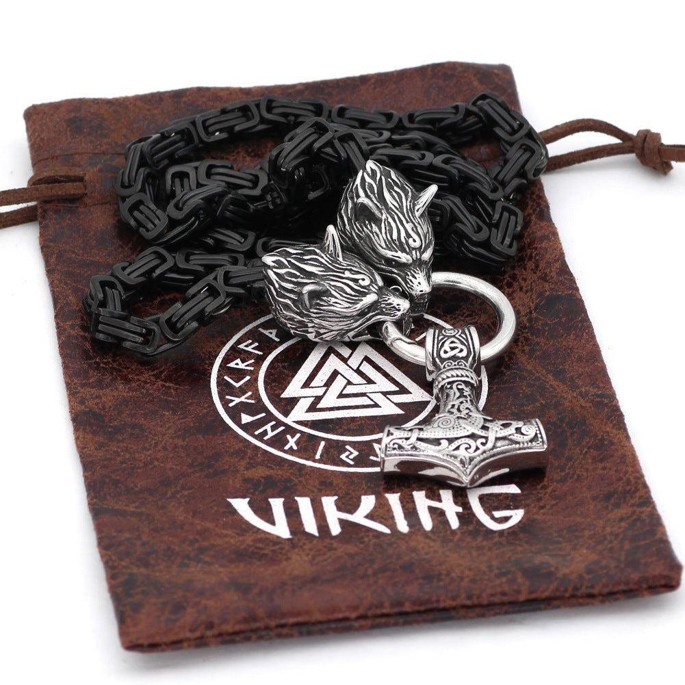 Collier Viking Têtes de Loup avec pendentif Marteau de Thor en acier inoxydable

