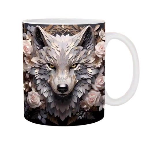 Focus sur le loup et les roses entourant cette tasse, un équilibre parfait entre sauvage et délicat.