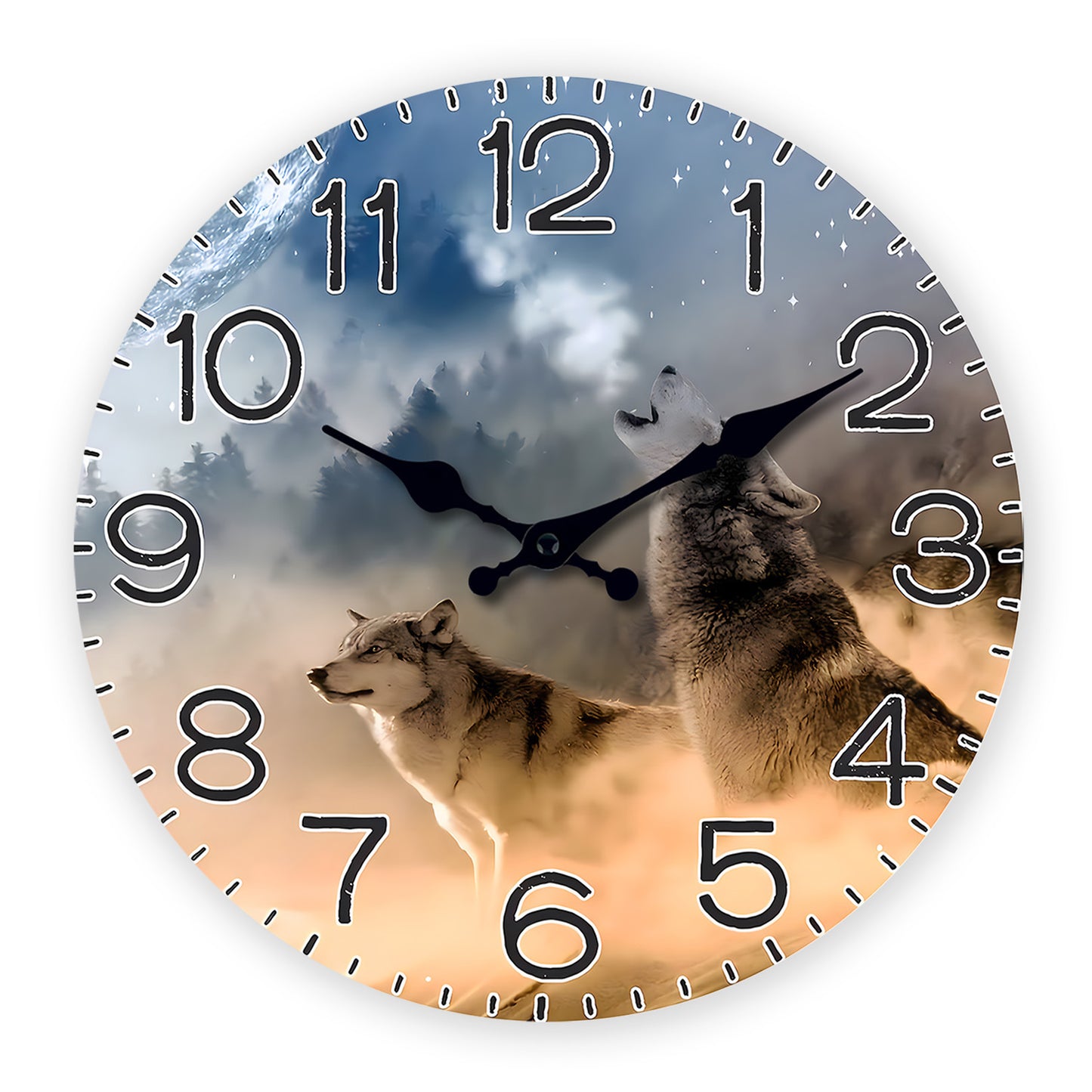 Horloge murale en bois de 25,4 cm avec un design captivant représentant deux loups dans la brume, dont un en train d'hurler, apportant une ambiance mystique et sauvage à votre intérieur.






